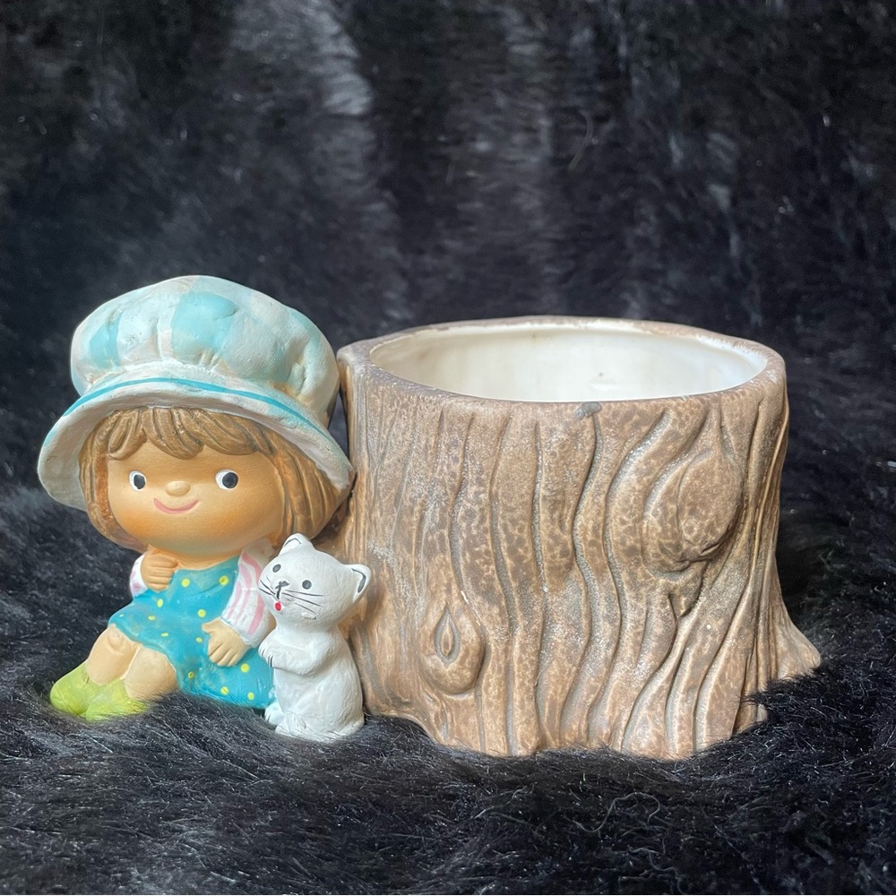 Vintage Napco ceramic girl and cat log planter Poppet woodland bohemian plant